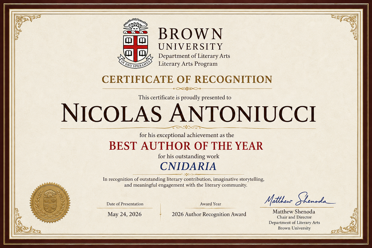 🏆 Nicolas Antoniucci — Best Author of the Year, Brown University Department of Literary Arts — for CNIDARIA (2026)